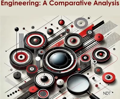 The image actively compares load testing in software and structural engineering, featuring interconnected mechanical components like gears, discs, and circular elements arranged dynamically and symmetrically. A magnifying glass symbolizes inspection and analysis, reinforcing the theme.