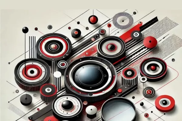 The image actively compares load testing in software and structural engineering, featuring interconnected mechanical components like gears, discs, and circular elements arranged dynamically and symmetrically. A magnifying glass symbolizes inspection and analysis, reinforcing the theme.