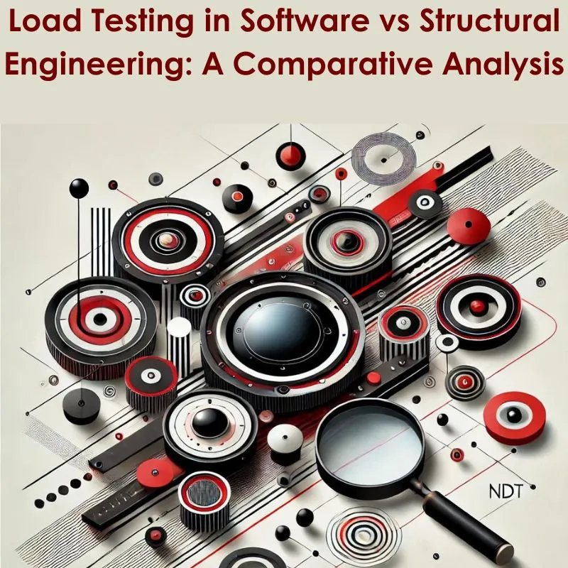 The image actively compares load testing in software and structural engineering, featuring interconnected mechanical components like gears, discs, and circular elements arranged dynamically and symmetrically. A magnifying glass symbolizes inspection and analysis, reinforcing the theme.